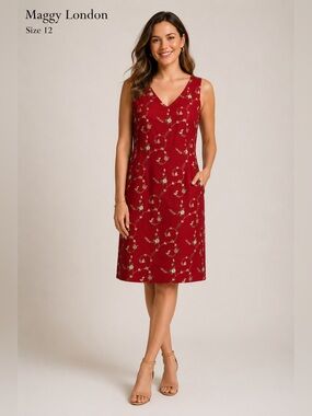 Maggy London Red Embroidered Floral linen Sleeveless Dress Size 12 Elegant Midi